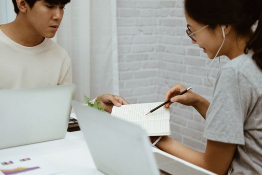 man woman colleagues discussing ideas. startup teamwork coworking team working at home office