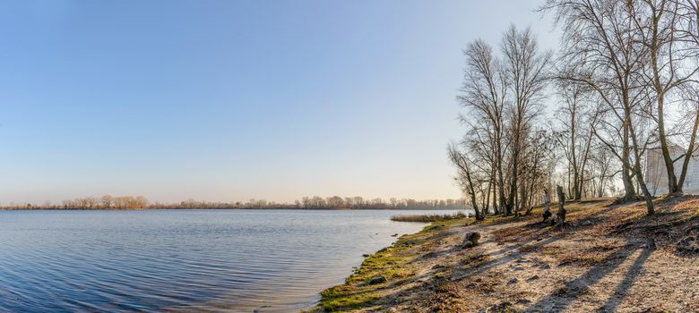 Panorama of the Dnieper River in Kiev during a cold and clear winter afternoon