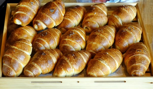 Freshly baked bread buns in a tray