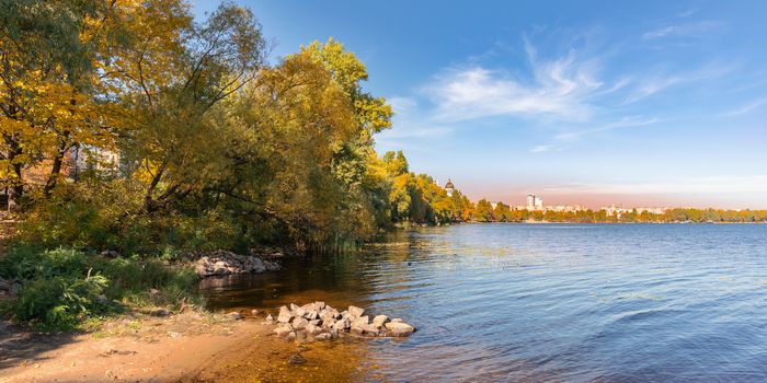 View of willows and reeds near the Dnieper River in Kiev in autumn. The shoreline is covered with sand. The city appears in the background