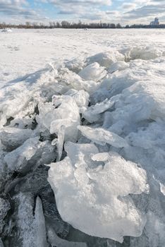 Detail of ice on the frozen Dnieper river in Kiev, Ukraine