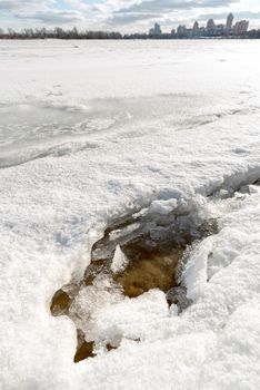 Detail of ice on the frozen Dnieper river in Kiev, Ukraine