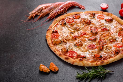 Seafood Italian pizza with shrimp, squid, mussels, fresh herbs and mozzarella on a
dark background. Tasty sliced pizza with seafood and tomato on a concrete background