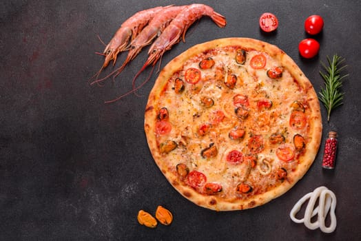 Seafood Italian pizza with shrimp, squid, mussels, fresh herbs and mozzarella on a
dark background. Tasty sliced pizza with seafood and tomato on a concrete background