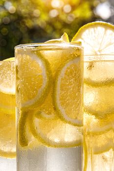 Glasses of lemon water on the sunny garden background. Close-up view