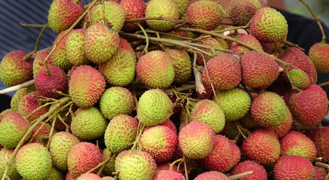 Bundles of fresh lychee fruit are sold at an outdoor market