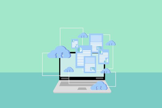 Cloud storage data concept. Laptop with blue clouds storage and datasheet on screen with line connection on a green background. Synchronize data with the internet and use it anywhere.