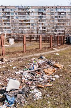 Garbage on the ground near a building in Kiev, Ukraine