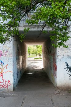 Passage under a high modern building in Kiev, Ukraine