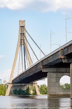 Detail of the pylon of the cable-stayed bridge Pivnichnyi (ex Moskovsky) bridge, built by Heorhii Fuks, in Kiev, Ukraine.