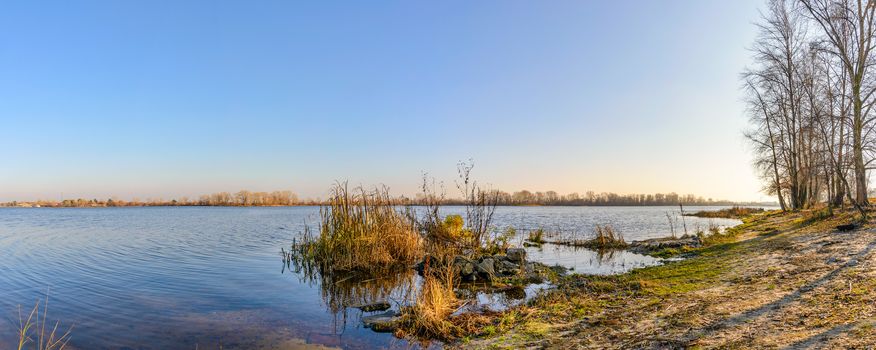 Panorama of the Dnieper River in Kiev during a cold and clear winter afternoon