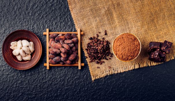 Dark chocolate pieces crushed and cocoa beans, top view