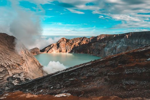 View from Ijen Crater, Sulfur fume at Kawah Ijen, Vocalno in Indenesia