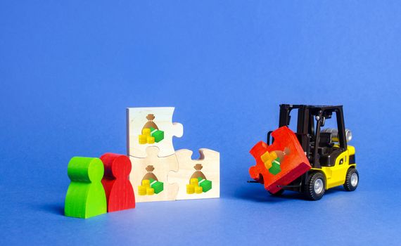 A forklift truck brings up a red missing puzzle to the general assembly. Attracting investment to project, search for funding. Affordable loans for infrastructure development. Startup, crowdfunding