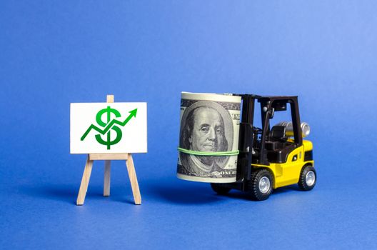 Yellow Forklift truck carries a big bundle of dollars and green up arrow. Growth of income and profit. progress of industrial and logistics industries, wage growth, Economic reforms, emerging markets