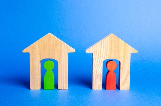 Two wooden houses with neighbors inside. Good neighborhood, district. concept of relationships and communication between neighbors. Vigilance, mutual aid and cooperation, friendly atmosphere. Security