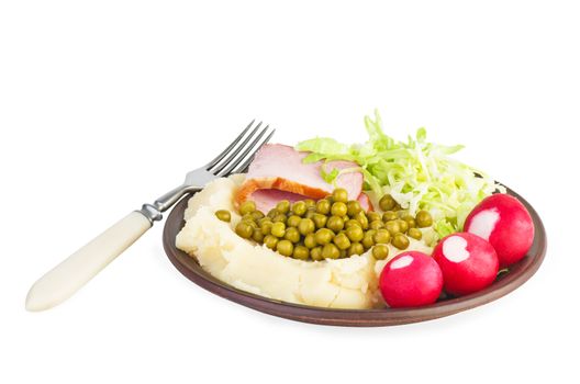 Mashed potato with ham and vegetables isolated on white background