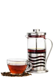 Cup of black tea and french press isolated on white background