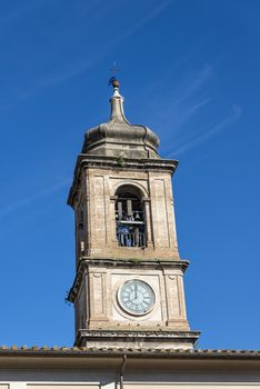 terni,italy june 12 2020 :bell tower of the cathedral of terni church in the historical part
