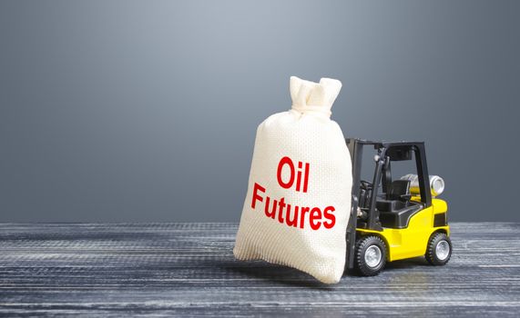A forklift carries a bag with Oil futures. Trade and transportation of oil. Lack of storage space and oversupply. Low demand. Big discounts and deferred payments. Stabilization of the energy market