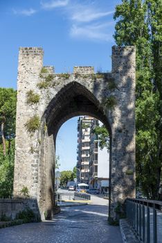 terni,italy june 12 2020 :ancient porta sant angelo entrance into the historic area all built in stone