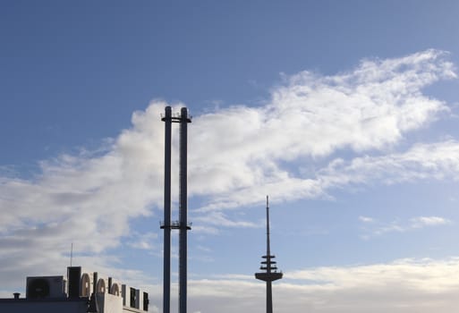 Industry pollution from factories in a blue sky