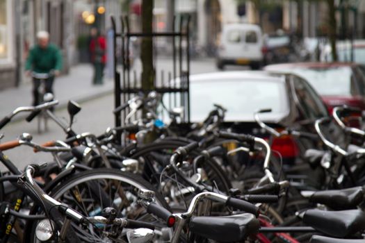 European bicycles in a city parked up