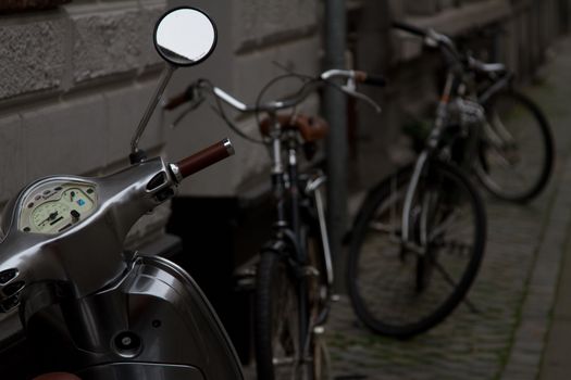 European bicycles in a city parked up