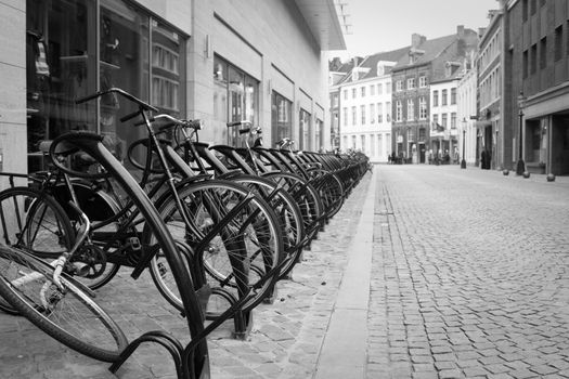 European bicycles in a city parked up