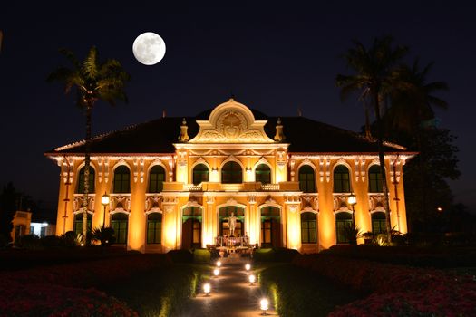 Chao Phraya Abhaibhubejhr Hospital and Thai traditional medicine museum with super moon / full moon, Prachinburi, Thailand. Photo taken on: November 14th, 2016