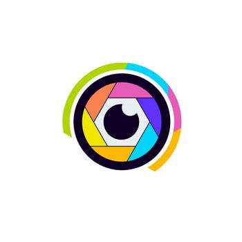 Colorful camera shutter icon on white background.