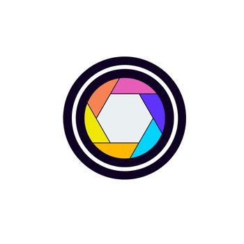 Colorful camera shutter icon on white background.