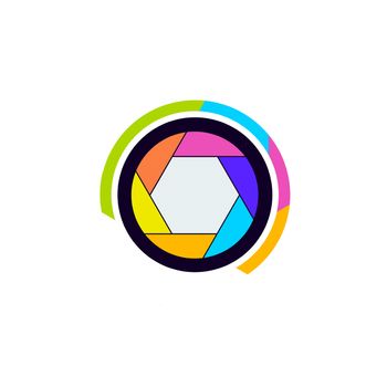 Colorful camera shutter icon on white background.