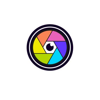 Colorful camera shutter icon on white background.