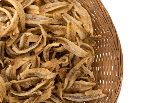 Dried Small fish anchovies and crispy Seafood isolated on white background.