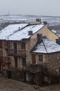 Old houses of Puebla de Sanabria with snow, Castilla y Leon, Spain