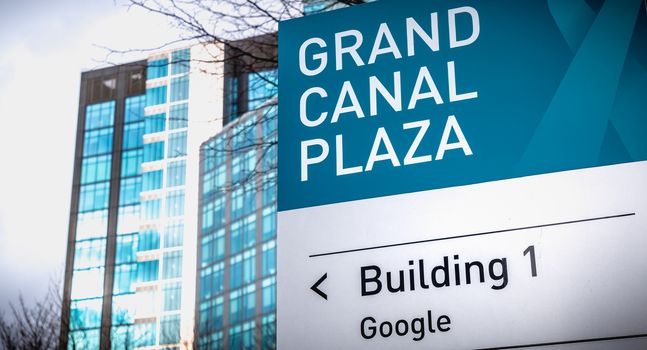 Dublin, Ireland - February 12, 2019: Grand Canal Plaza Building 1 Google sign in front of the Irish headquarters of international business google on a winter day