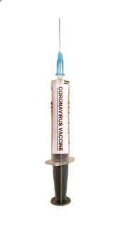 A corona virus vaccine injection syringe, on white studio background.