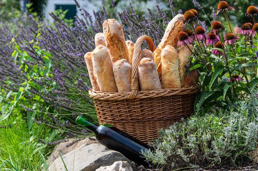 bottle of red wine and basket filled with french baguettes in lavender field
