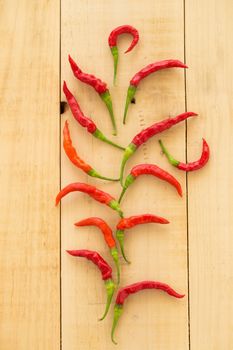 Red hot chili peppers on wooden background. Spicy chilli peppers.