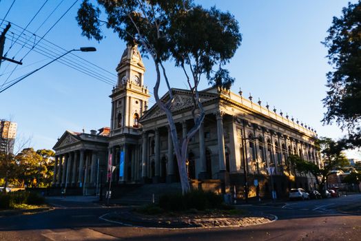 Melbourne, Australia - June 12, 2020: The majestic Fitzroy Town Hall and library near Brunswick St in Fitzroy, Victoria, Australia