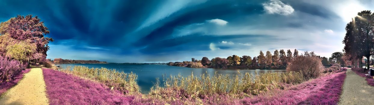 Beautiful and colorful fantasy landscape in an asian purple infrared photo style