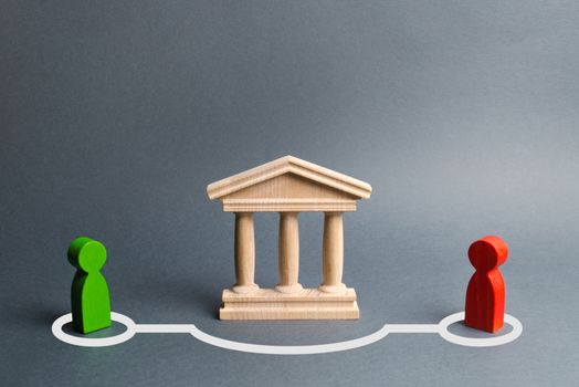 Two figures of people contact in bypassing the state building or bank. Direct negotiations and an agreement to bypass the government or the bank. Illegal deal, tax evasion. Risky lending