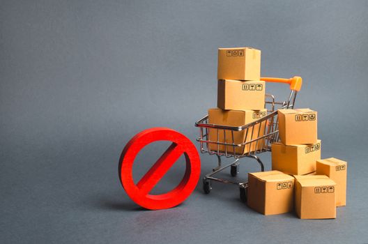 Cardboard boxes, supermarket trolley and red symbol NO. Embargo, trade wars. Restriction on the importation of goods, proprietary for business. Inability to sell products, poor logistics. No delivery.