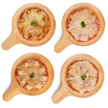 Fresh delicious Italian pizza with mushrooms on thin crust, on a wooden serving plate isolated on white background.