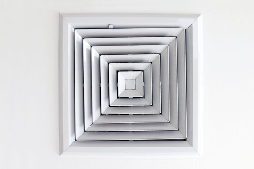 Air Duct Ceiling white, Air duct in square shape, condition vent modern air conditioner or air vent on ceiling white, Duct for conditioning heating on a building ceiling