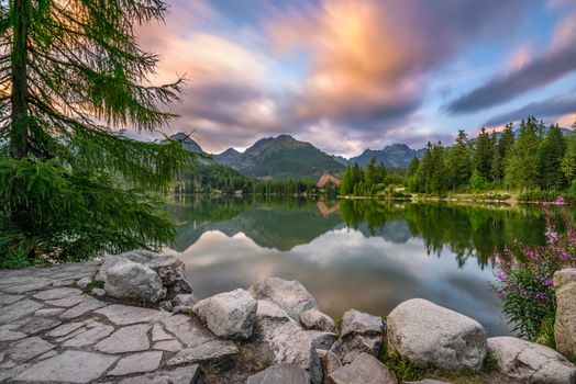 Glacial mountain lake Strbske Pleso in National Park High Tatra, Slovakia. Long exposure.