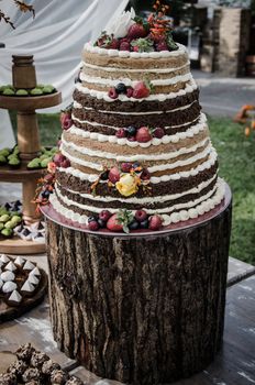 A wedding cake on the candy table