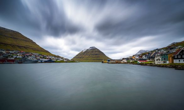 The island of Kunoy viewed from city of Klaksvik in the Faroe Islands, Denmark. Long exposure.