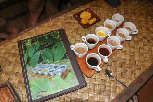 Tea and coffee tasting at Coffee Luwak plantation on Bali island, Indonesia. White porcelain cups with chocolate, vanilla, coconut, ginseng, ginger coffee, cocoa drink, lemon, and turmeric tea.